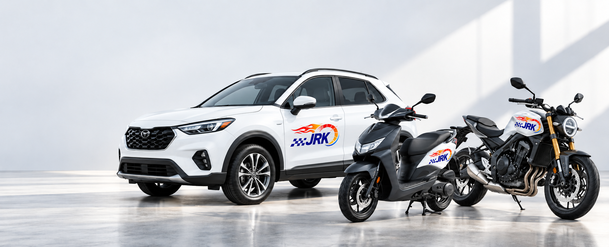 Illustrative JRK branded car, scooter, and motorcycle mockup